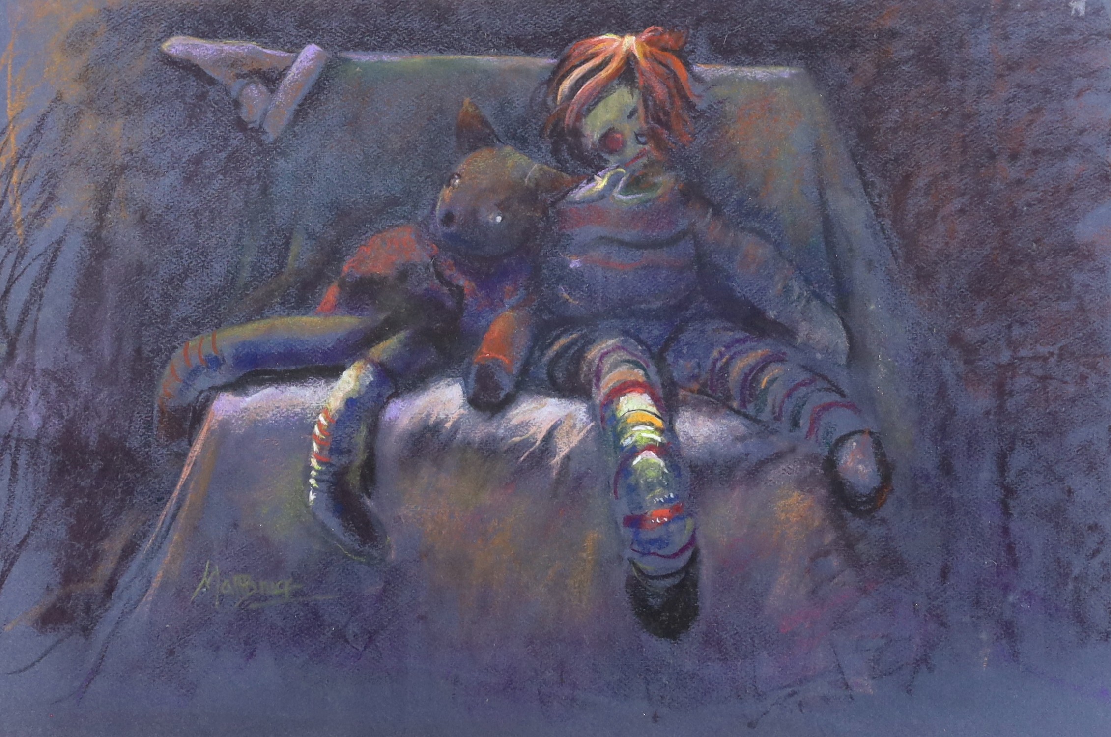 Matt Bruce (b.1915), pastel, 'The Rag Dolls', label to reverse, 35 x 52cm